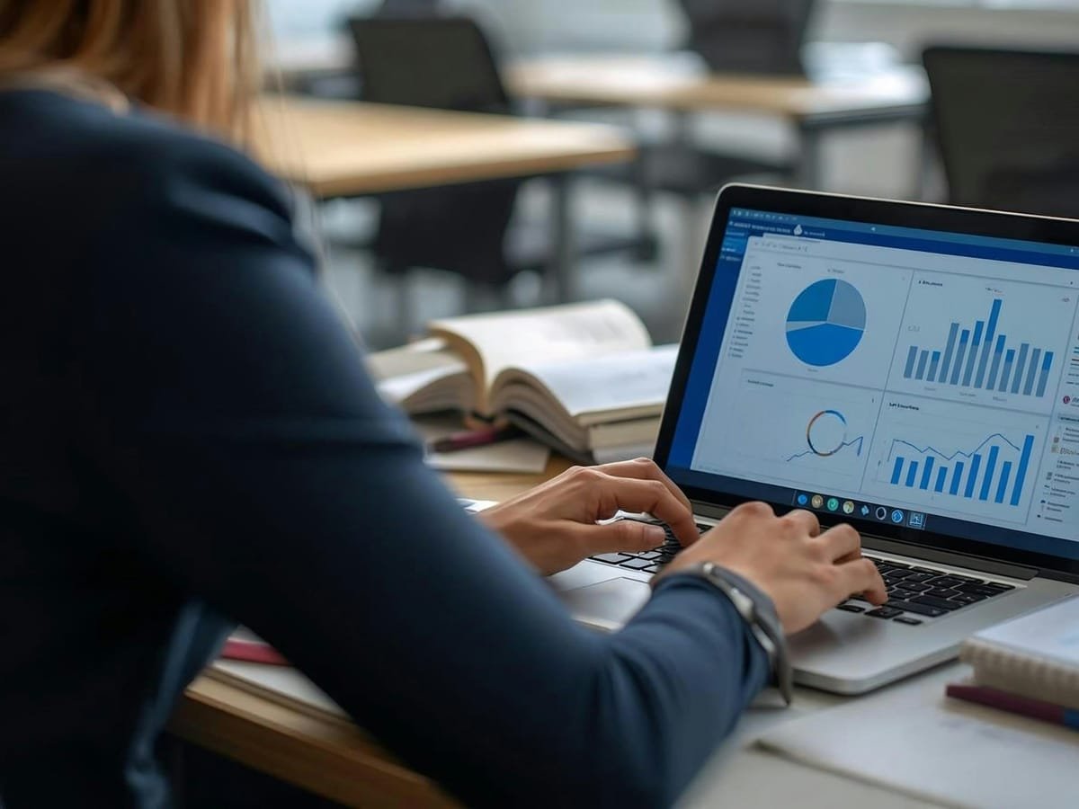 Business owner reviewing performance charts on a laptop