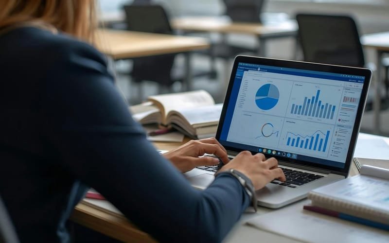 Business owner reviewing performance charts on a laptop